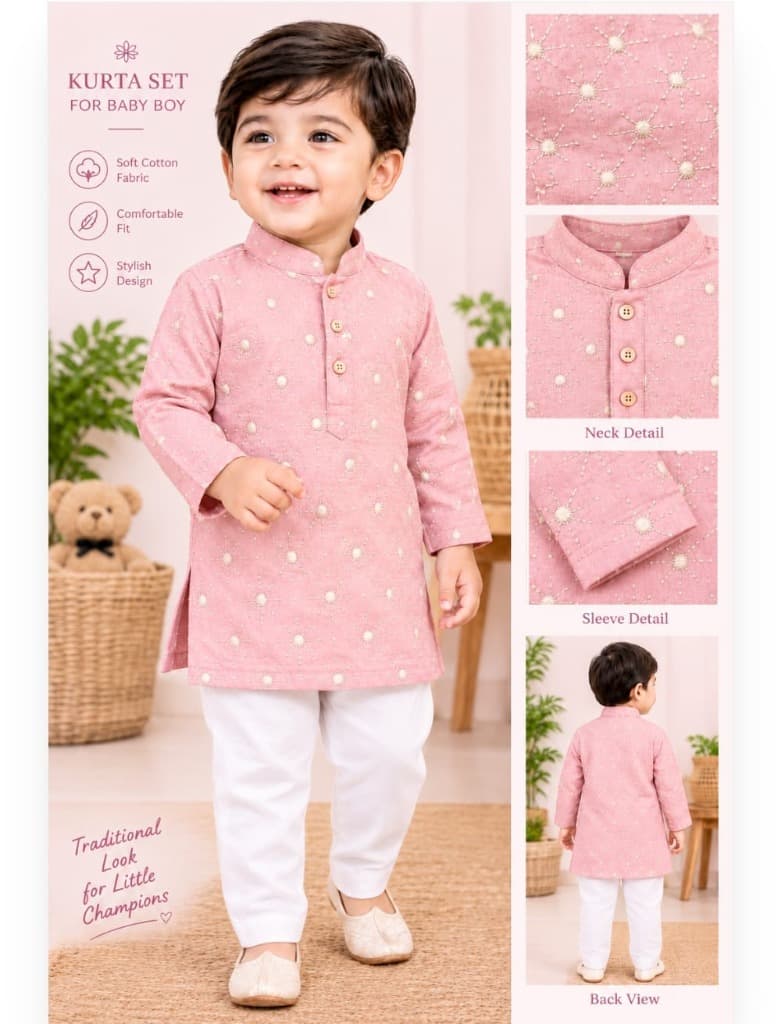 Baby Boy Pink Embroidered Kurta Pyjama Set