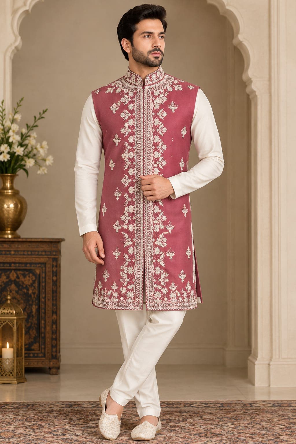 Men's Dusty Rose Embroidered Ethnic Jacket with Ivory Kurta Set