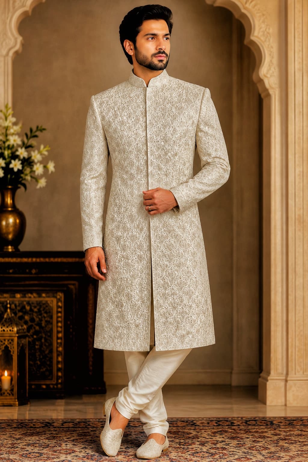 Embroidered Sherwani Set - White