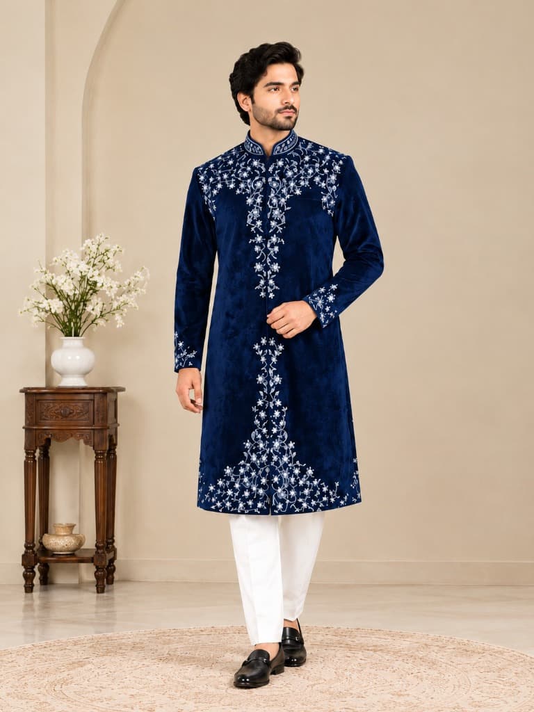 Royal Navy Blue Embroidered Velvet Sherwani
